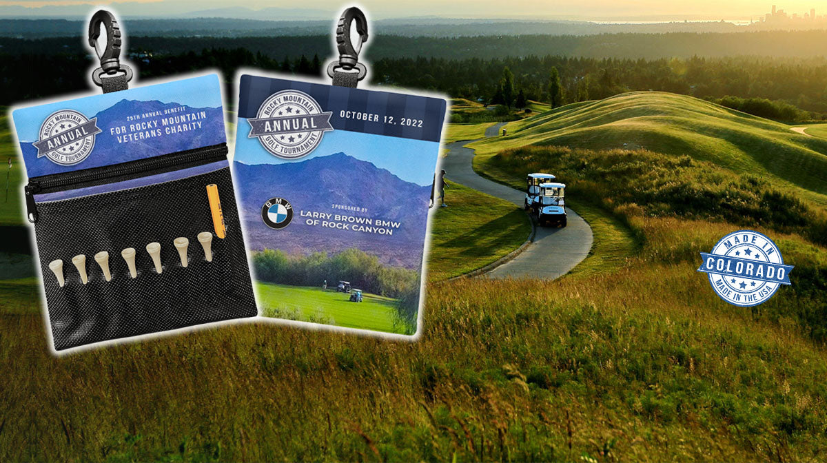 Golf course sunset view with golf tournament player pouches featured