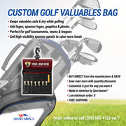View of Custom Golf Valuables Bag, hanging on a golf bag. Custom golf valuables bag by Sportwaves. Customize Customizable Made in the USA - Perfect for Golf Tournaments, Events, golf teams, golf leagues