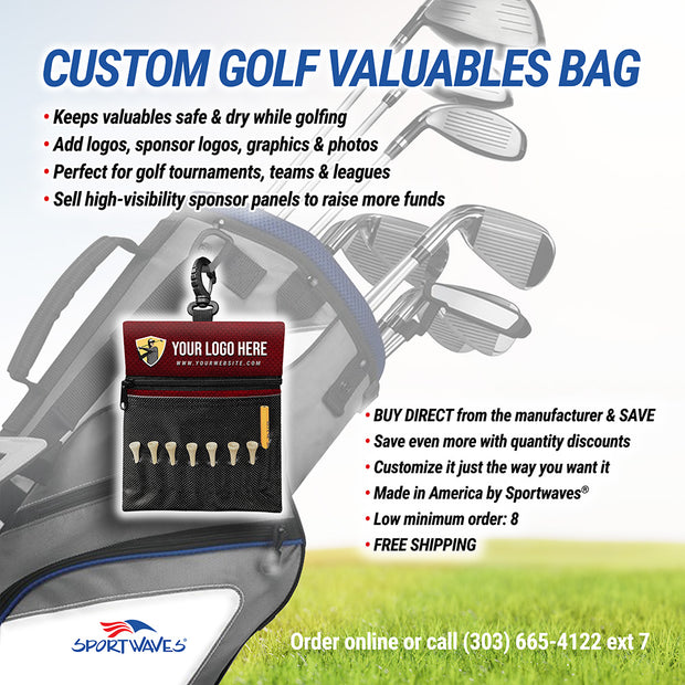 View of Custom Golf Valuables Bag, hanging on a golf bag. Custom golf valuables bag by Sportwaves. Customize Customizable Made in the USA - Perfect for Golf Tournaments, Events, golf teams, golf leagues
